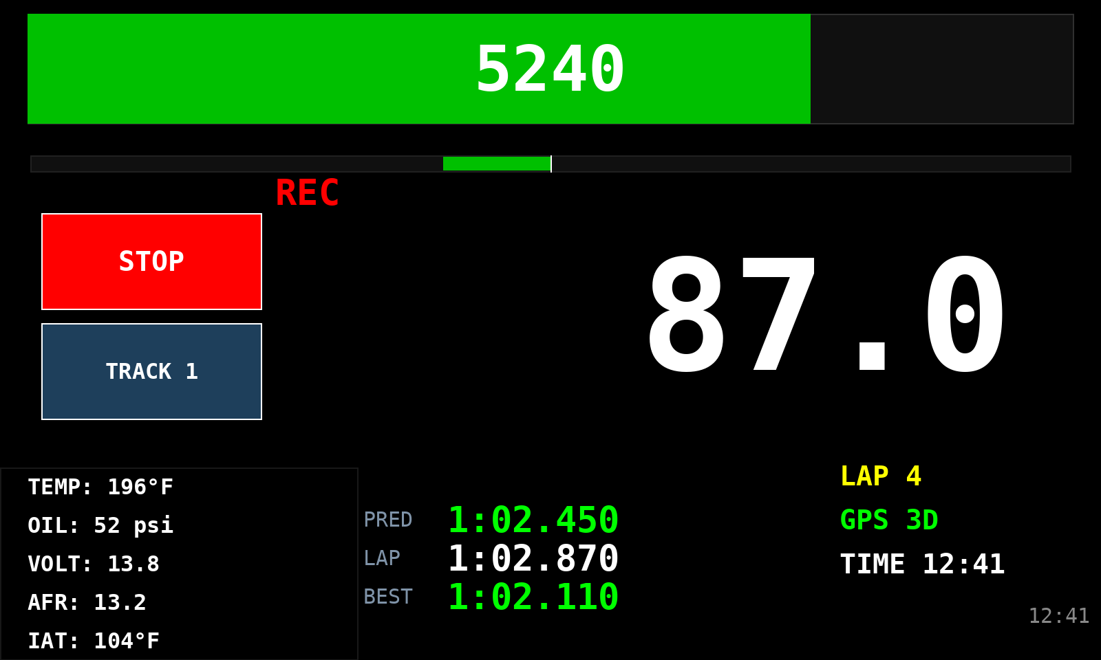 racecar-35 dash display: RPM bar, shift band, live delta bar, speed, lap timing and the sensor monitor block